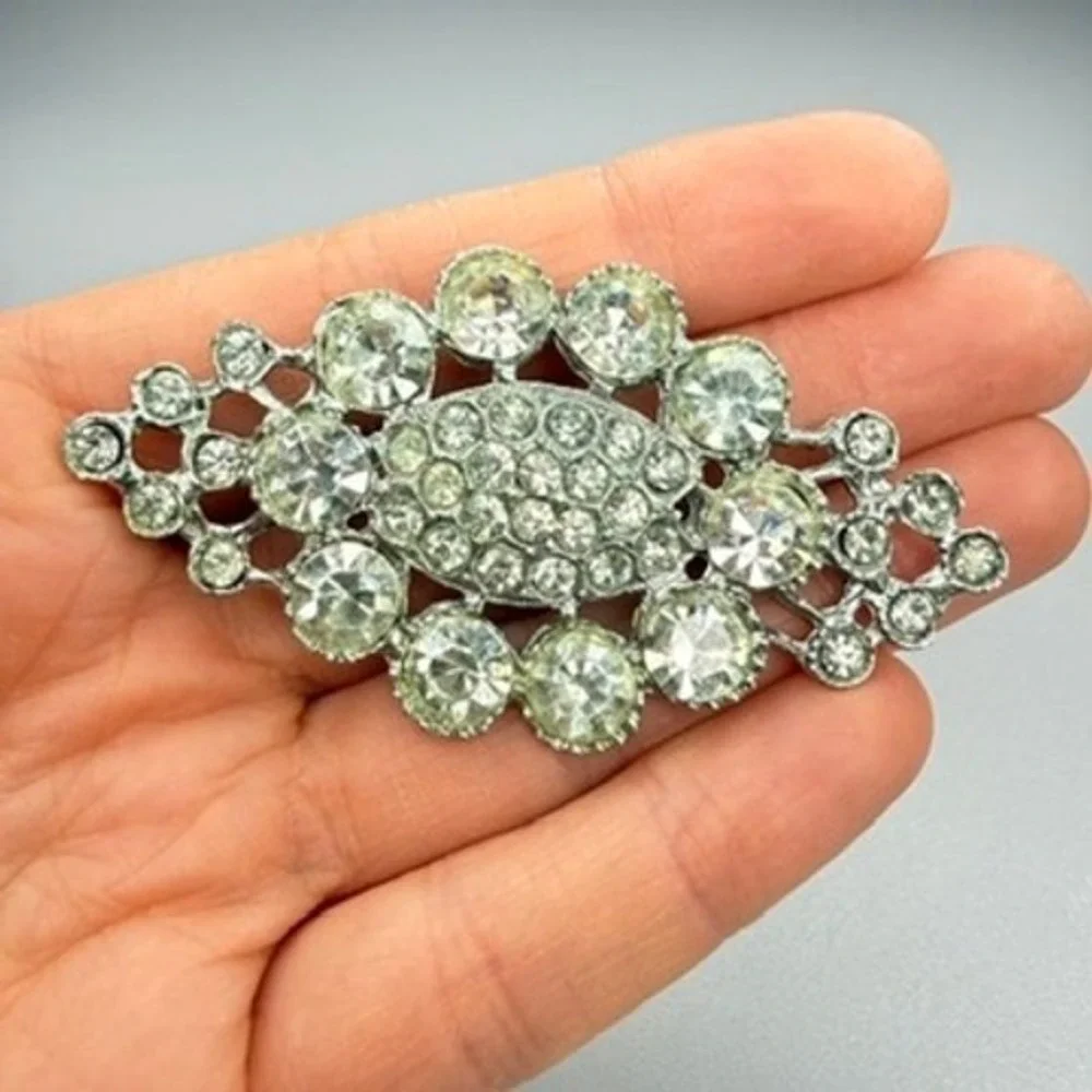 Vintage Art Deco Pot Metal Rhinestone Brooch Pave 2.5
